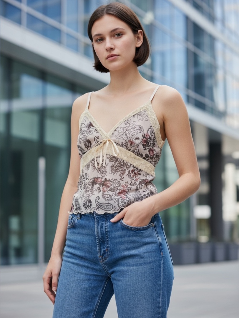 Floral Lace Satin Camisole in Beige and green y2k